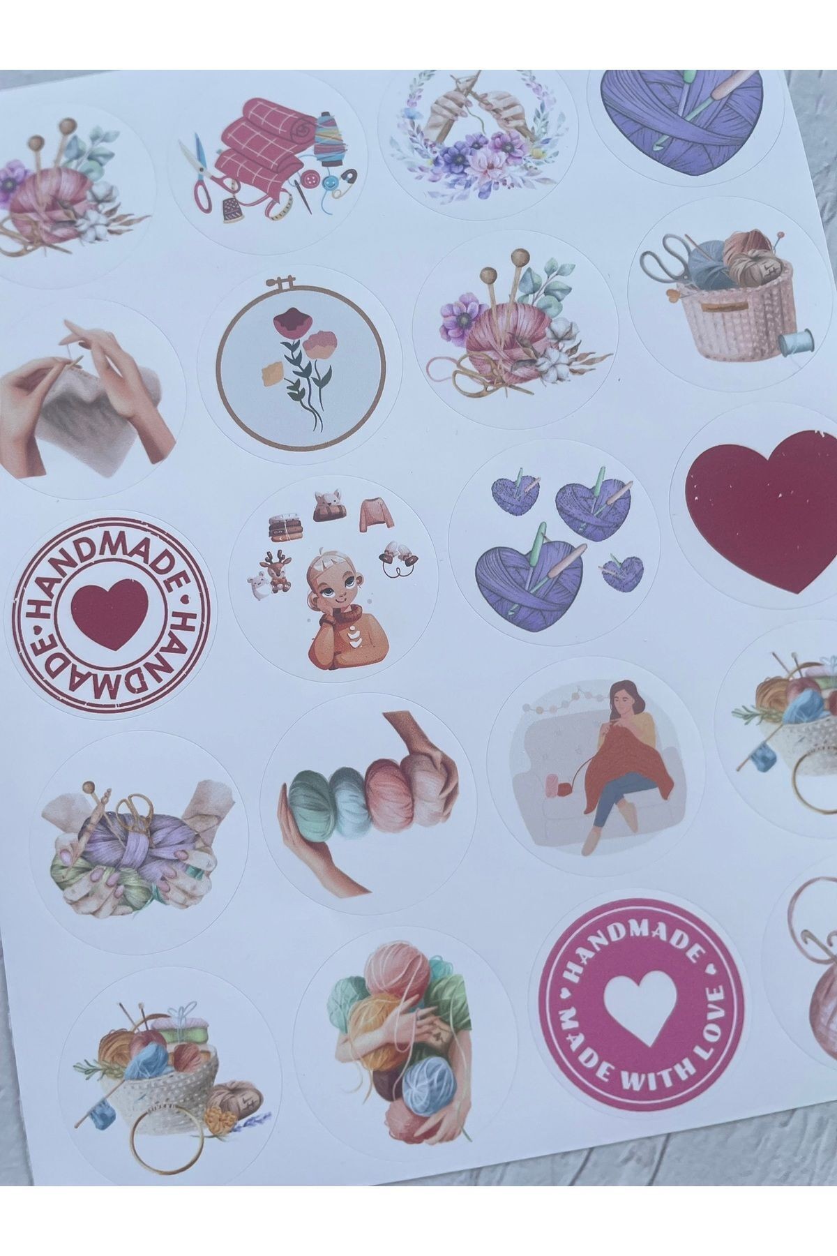 Örgü Temalı Karışık Etiket Set - Opak Sticker - Düz Yuvarlak Kesim 3,5 cm. - (2 Set / 40 Adet)