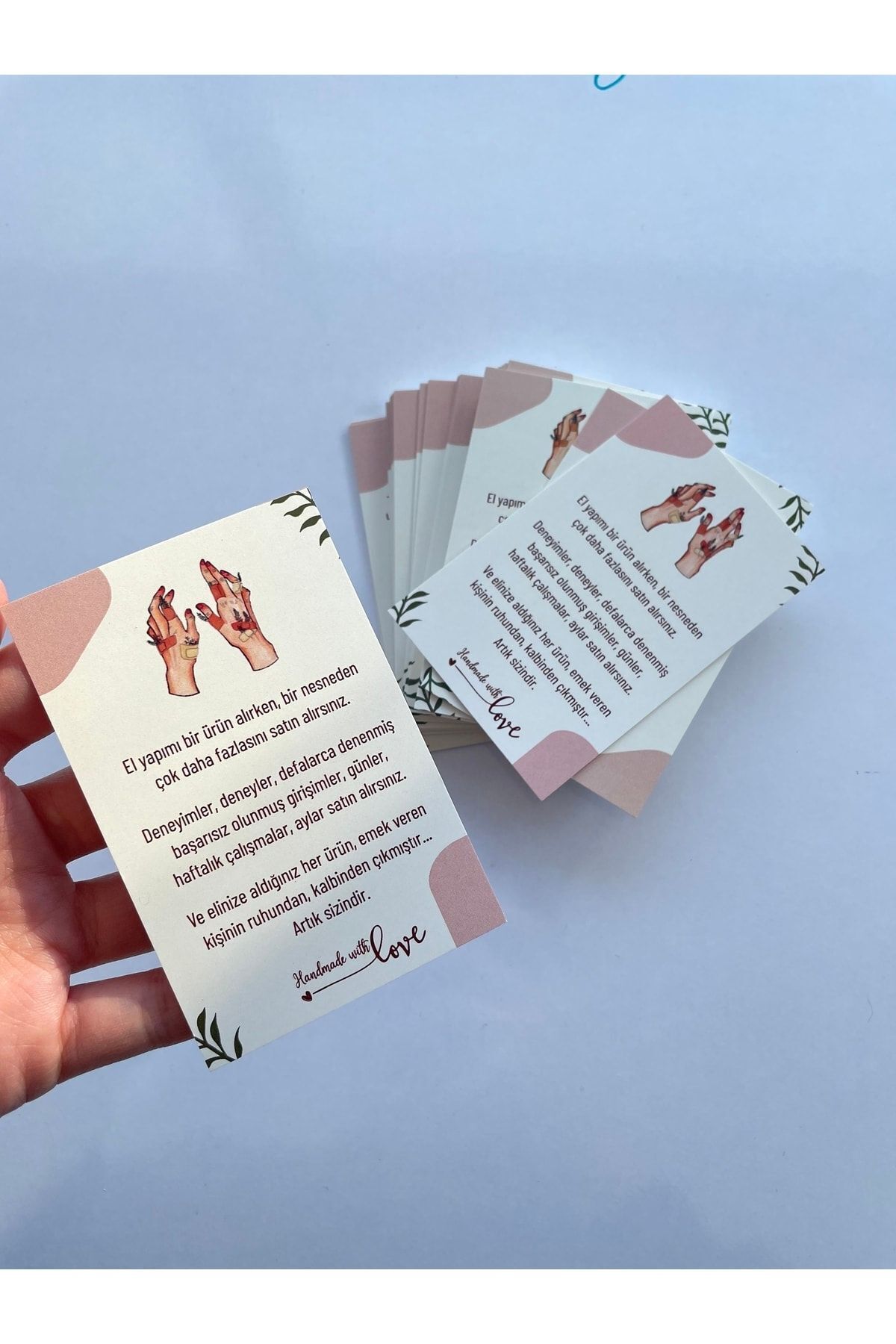 El Yapımı Temalı Teşekkür Kartı - Handmade With Love - El Emeği - Not Kartı - 30 Adet