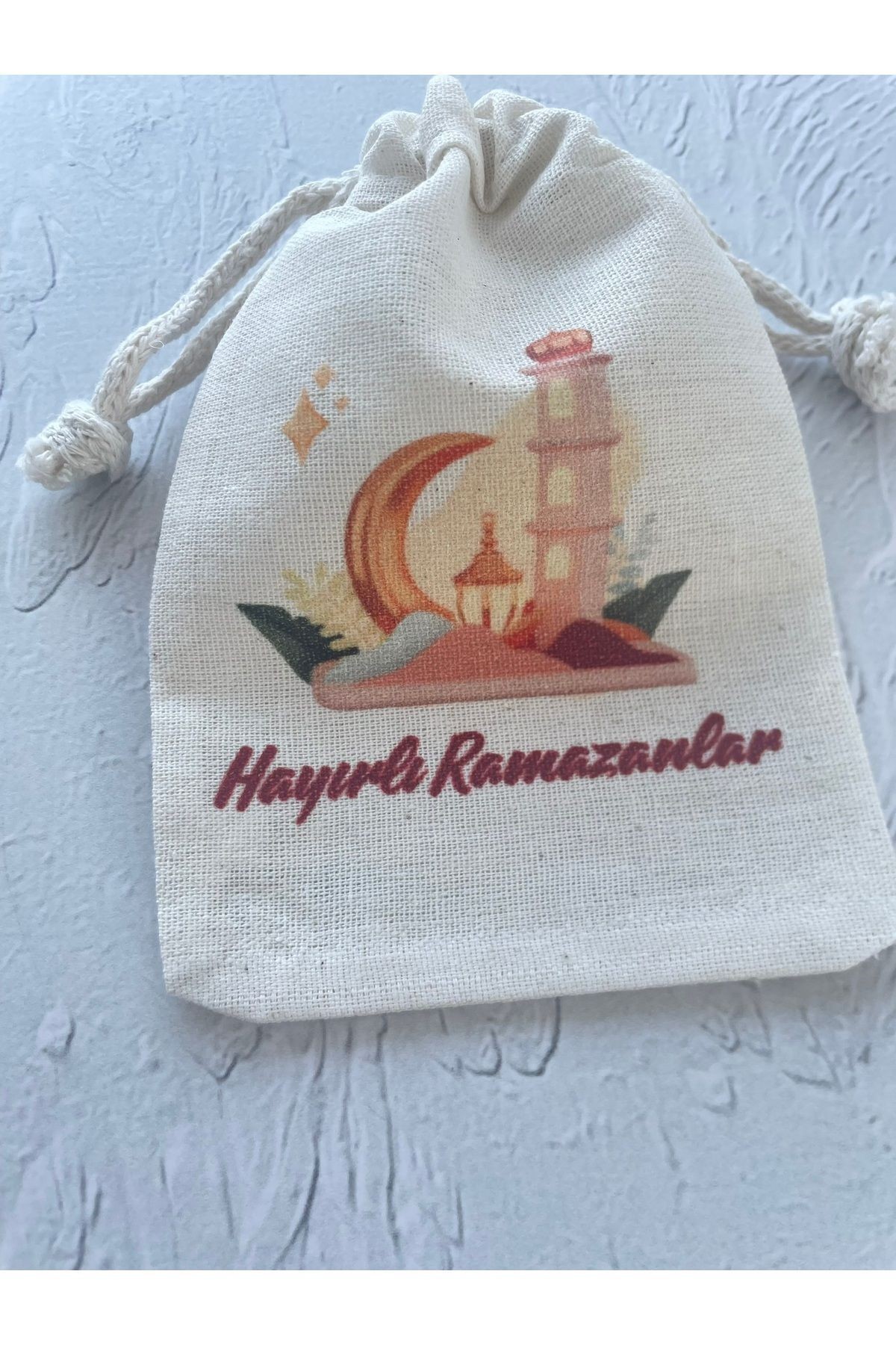 Hayırlı Ramazanlar - Şeker - Ramazan Bayramı Temalı Bez Kese -Organik Hediyelik Kese 10-15 Cm/5 Adet