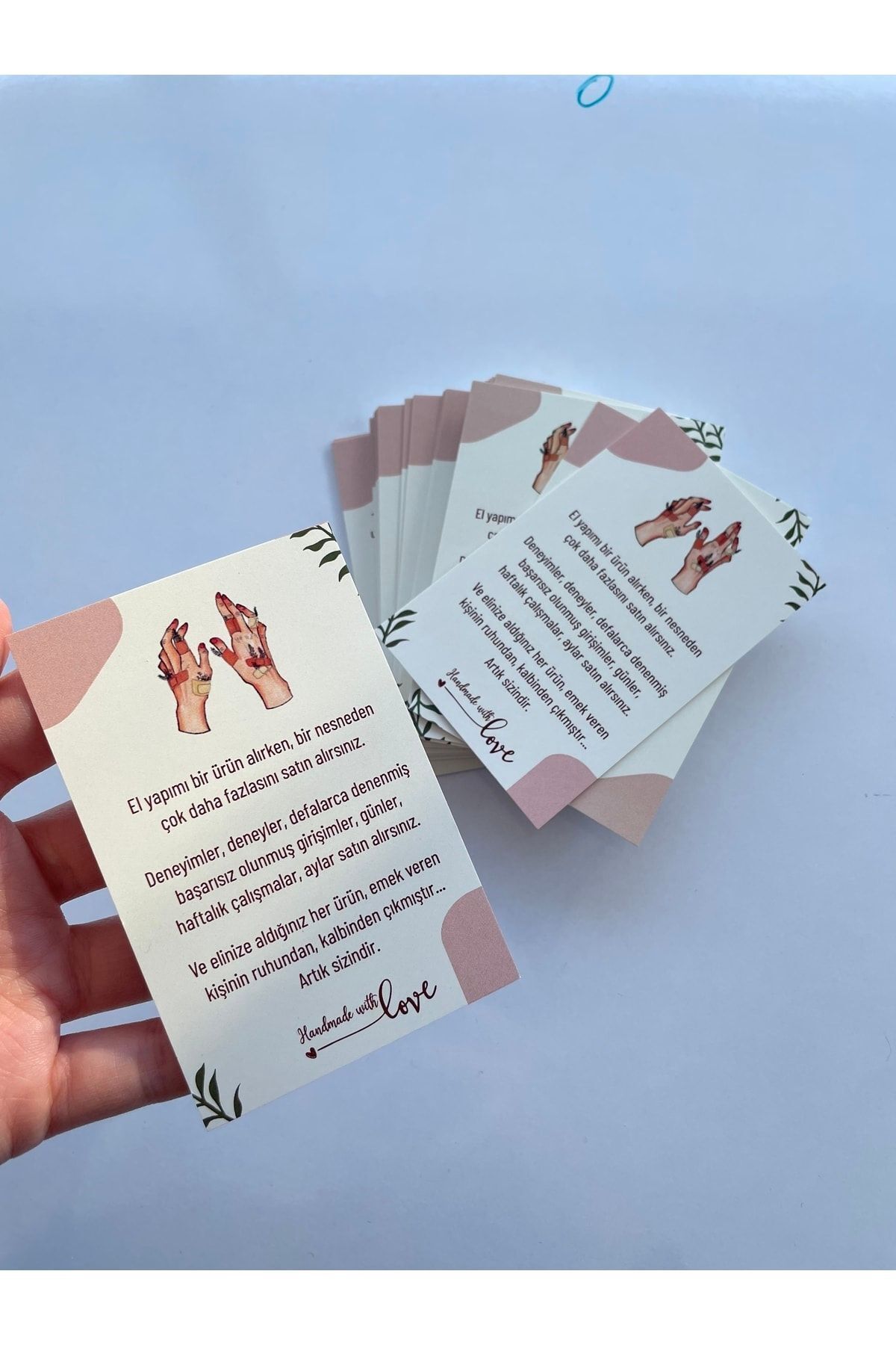El Yapımı Temalı Teşekkür Kartı - Handmade With Love - El Emeği - Not Kartı - 30 Adet
