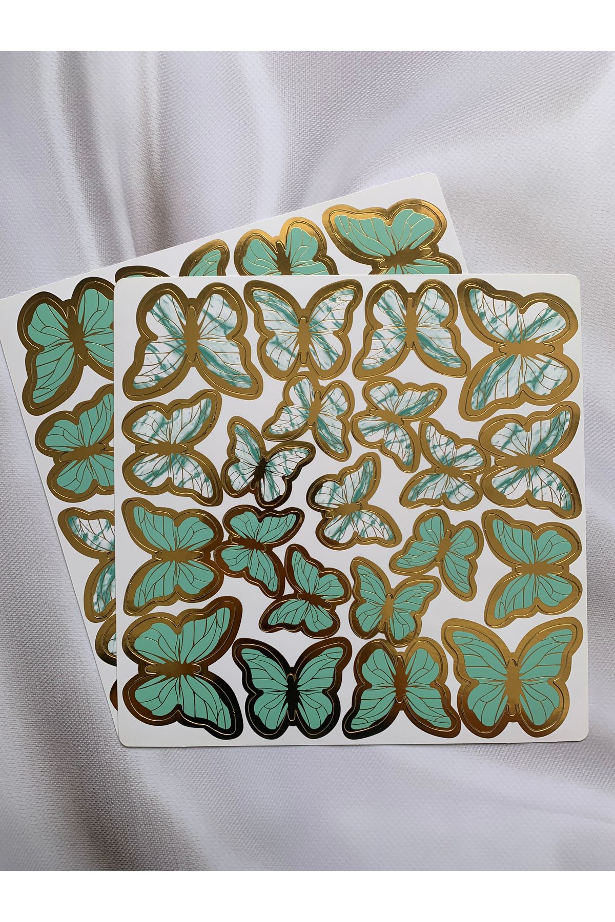 Altın Varaklı Kelebek Paketleme / Pasta / Parti Süsü - Mint Yeşili Renk - 42 Adet