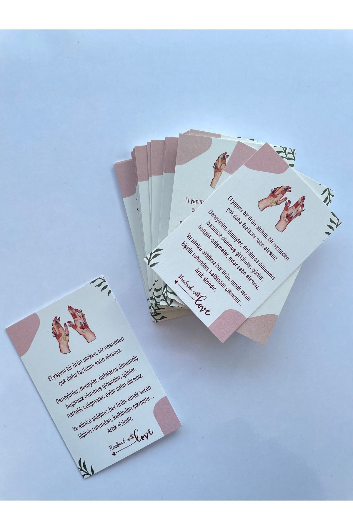 El Yapımı Temalı Teşekkür Kartı - Handmade With Love - El Emeği - Not Kartı - 30 Adet