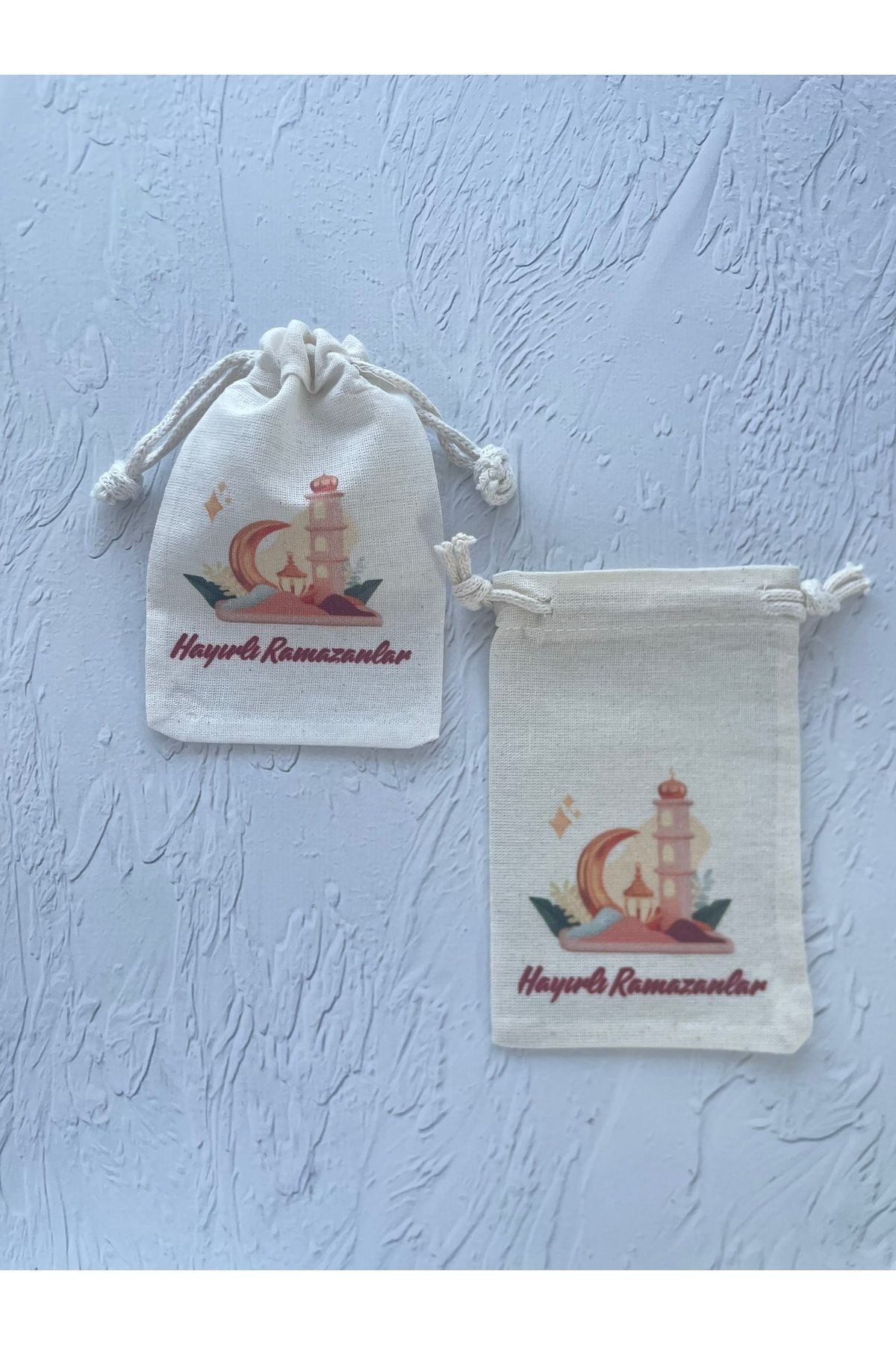 Hayırlı Ramazanlar - Şeker - Ramazan Bayramı Temalı Bez Kese -Organik Hediyelik Kese 10-15 Cm/5 Adet