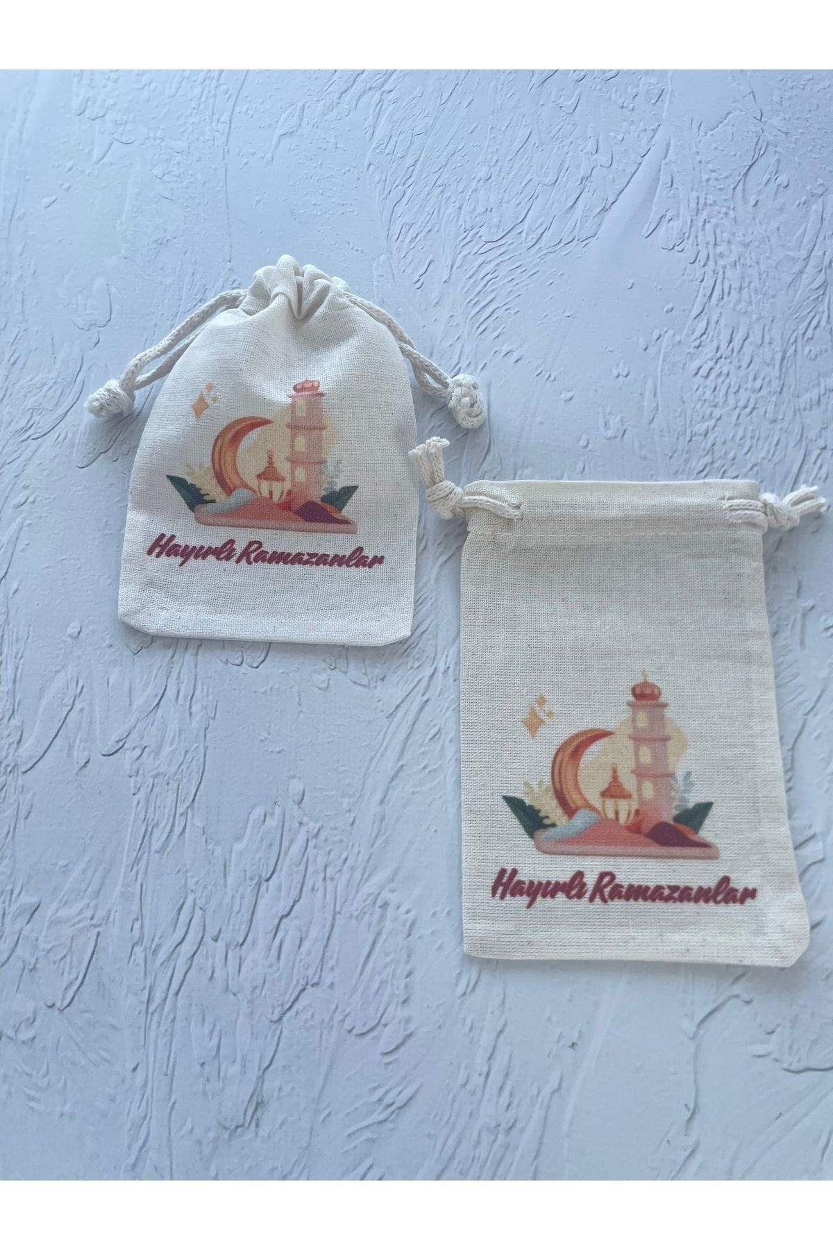Hayırlı Ramazanlar - Şeker - Ramazan Bayramı Temalı Bez Kese -Organik Hediyelik Kese 10-15 Cm/5 Adet