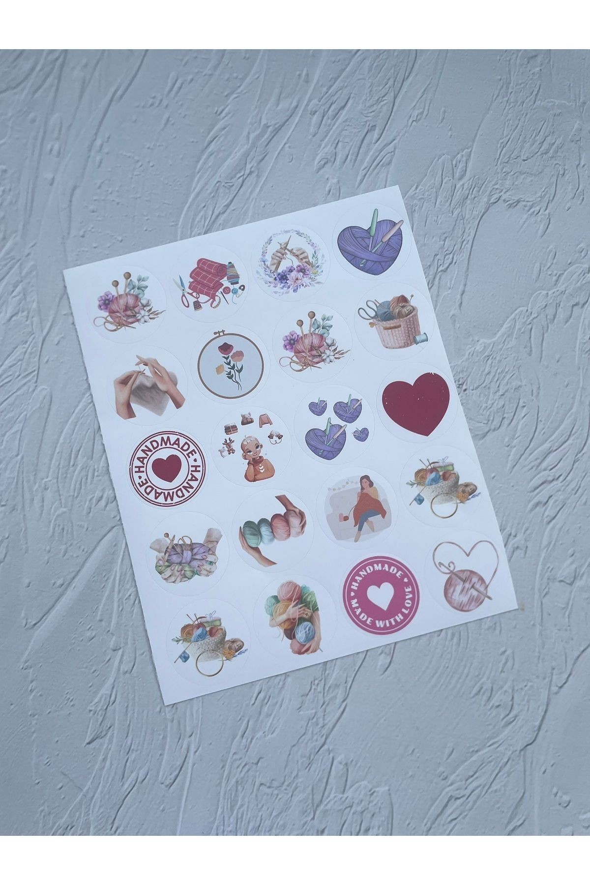 Örgü Temalı Karışık Etiket Set - Opak Sticker - Düz Yuvarlak Kesim 3,5 cm. - (2 Set / 40 Adet)