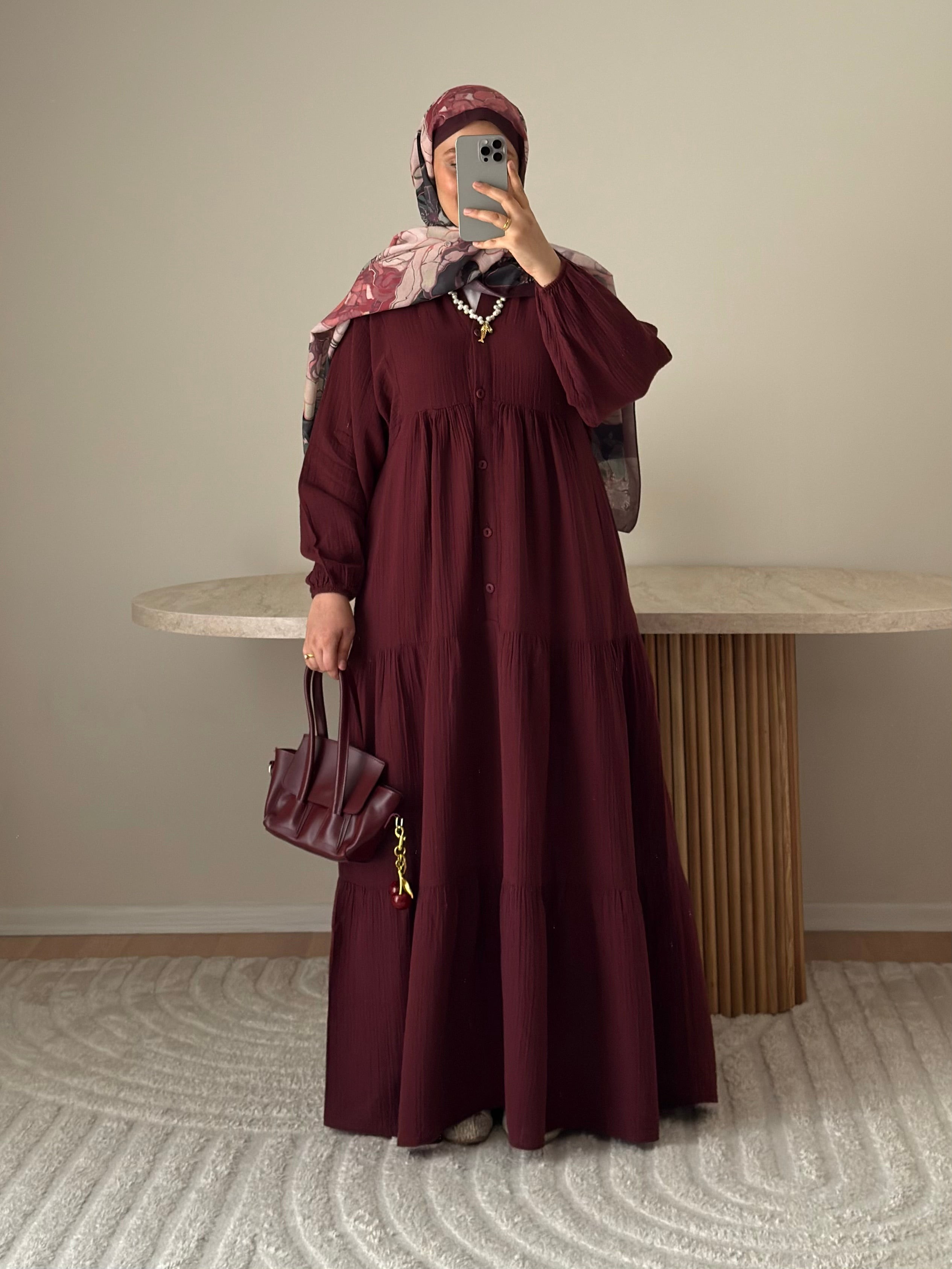 Müslin Elbise - Bordo