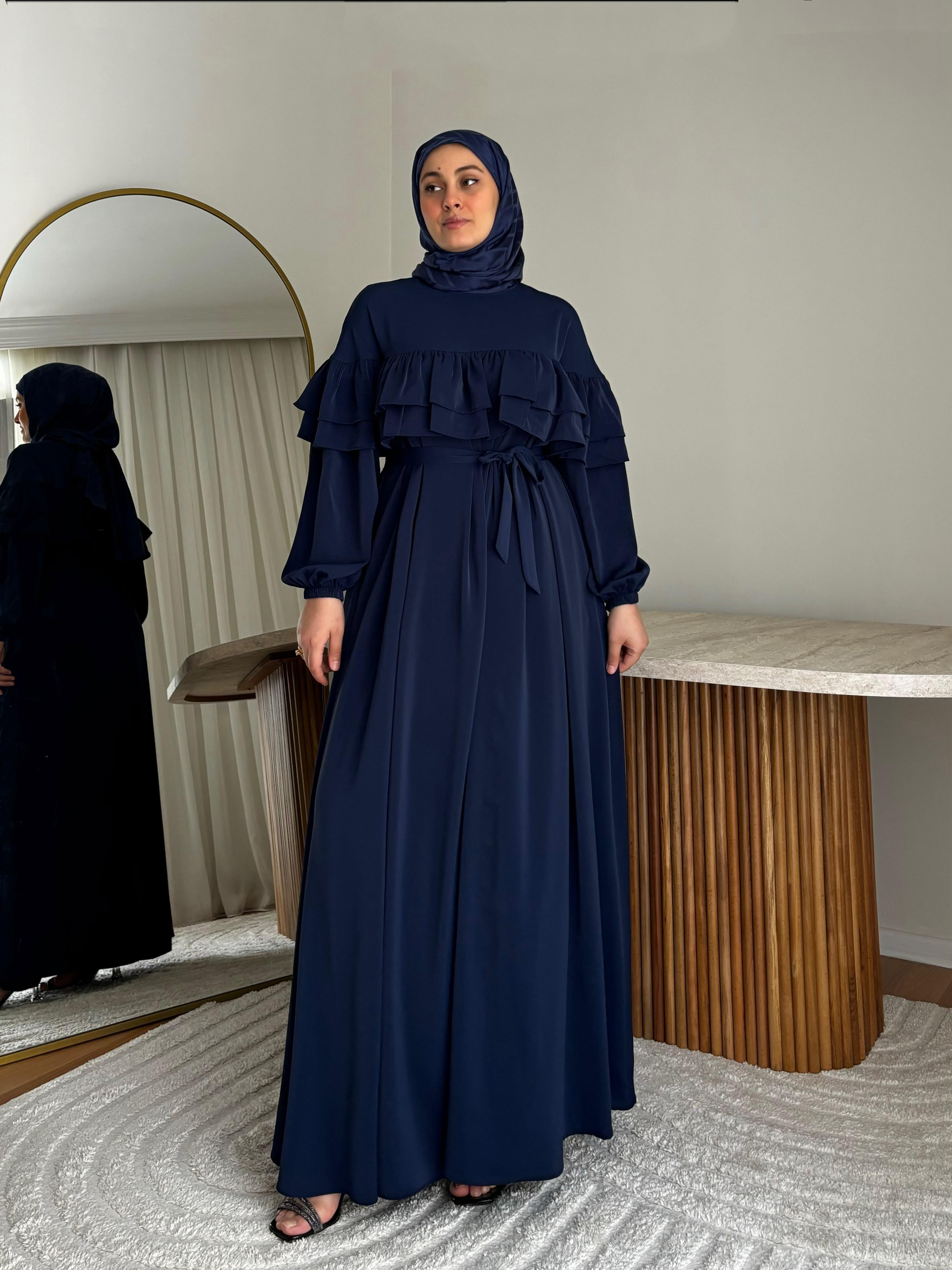 Leyla Dubai İpeği Fırfır Elbise Lacivert