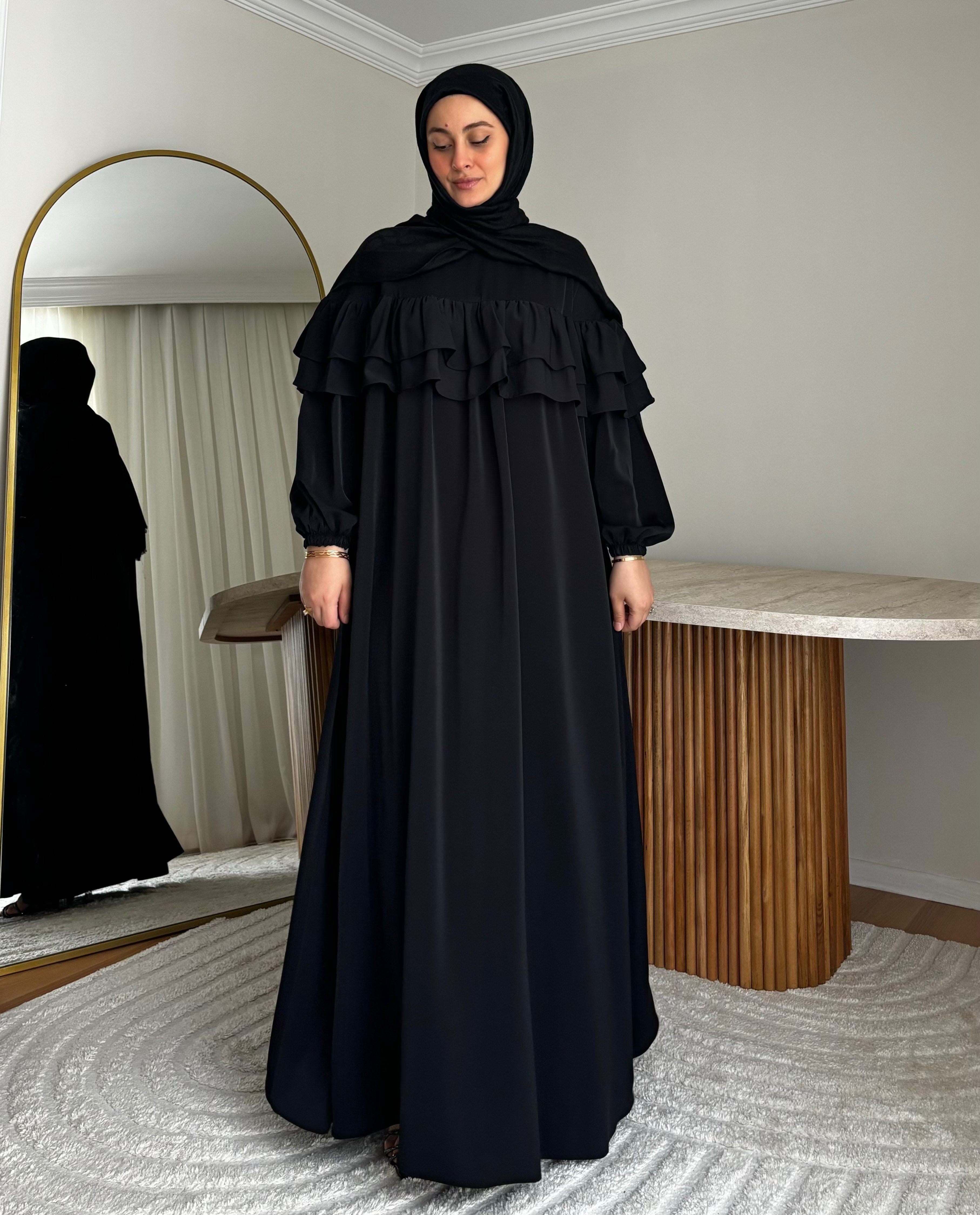 Leyla Dubai İpeği Fırfır Elbise Siyah