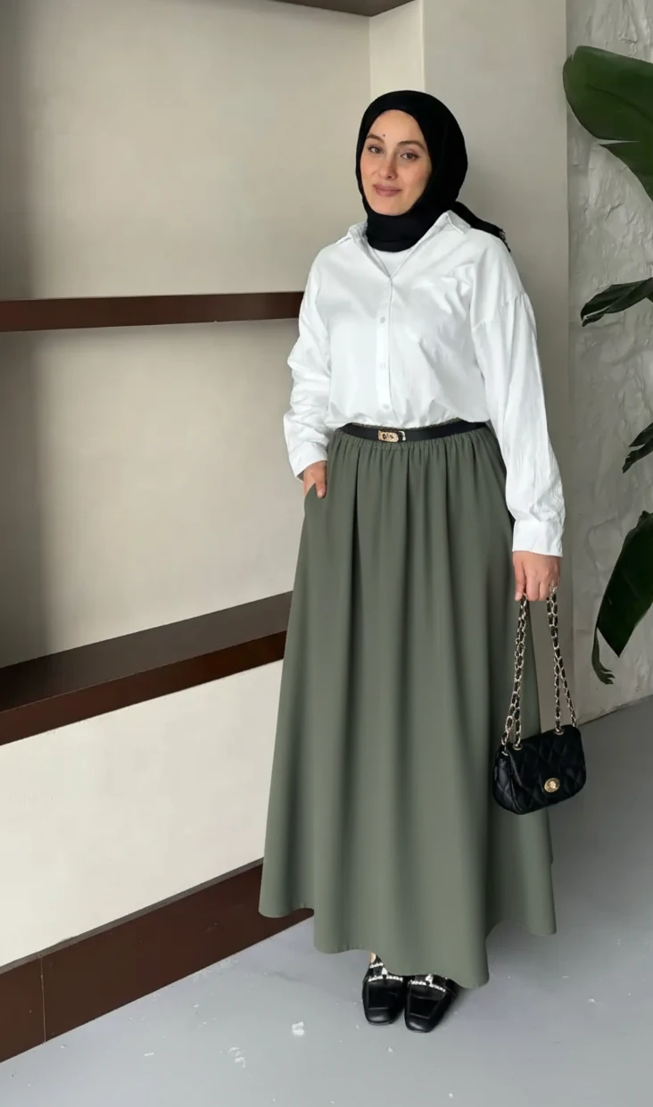 Tensel Kumaş Kloş Etek- Soft Haki Yeşili