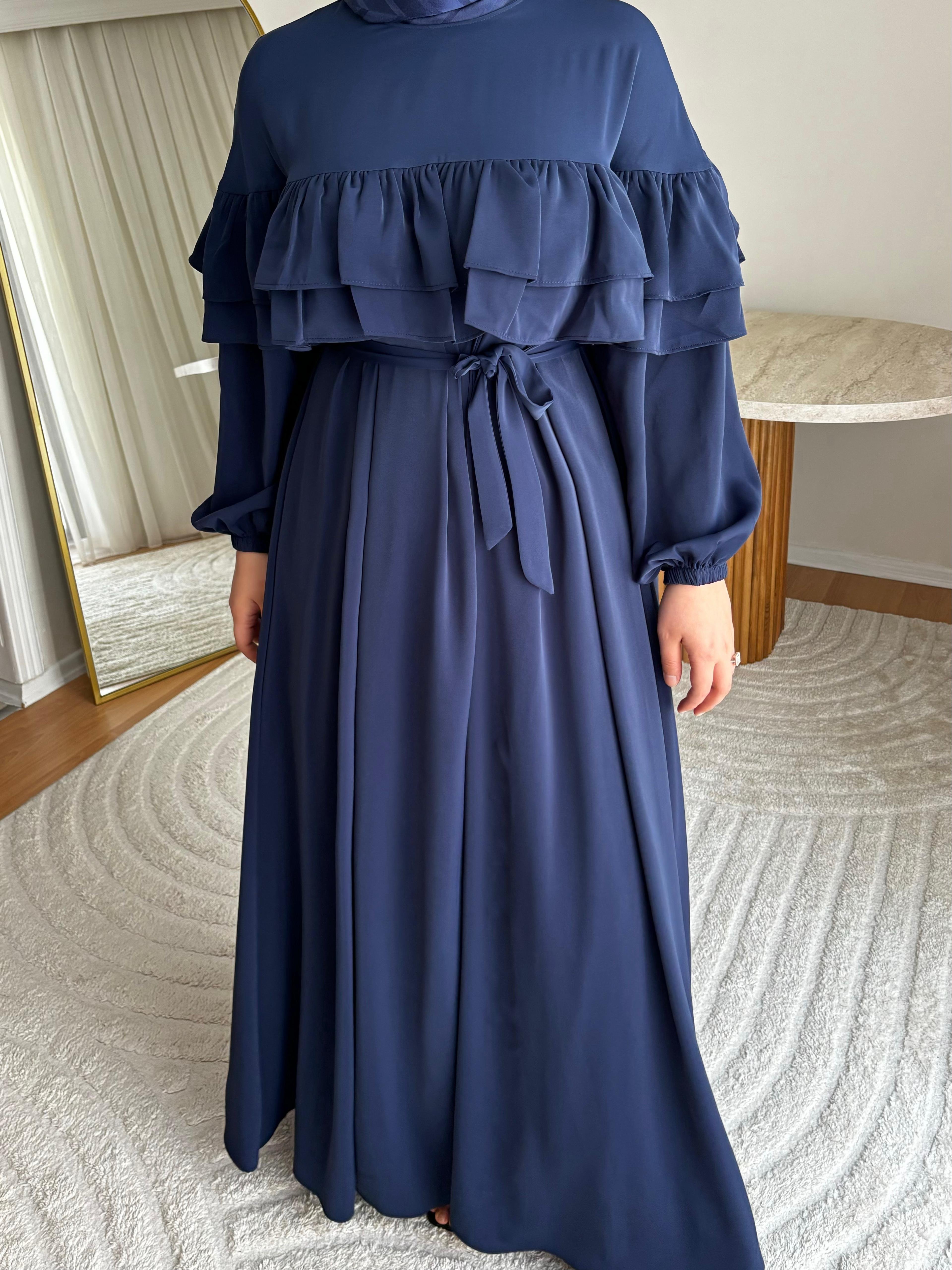 Leyla Dubai İpeği Fırfır Elbise Lacivert