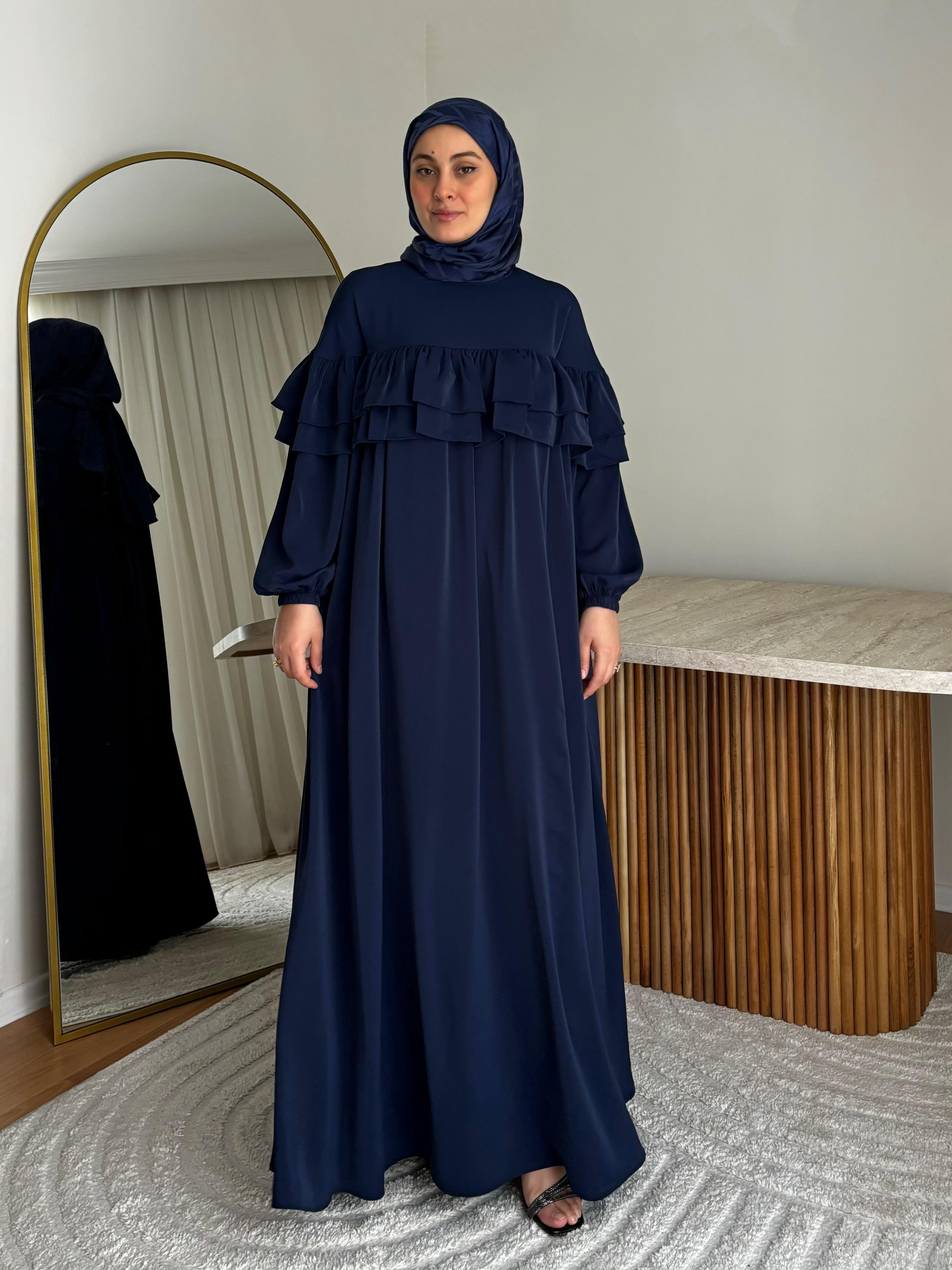 Leyla Dubai İpeği Fırfır Elbise Lacivert