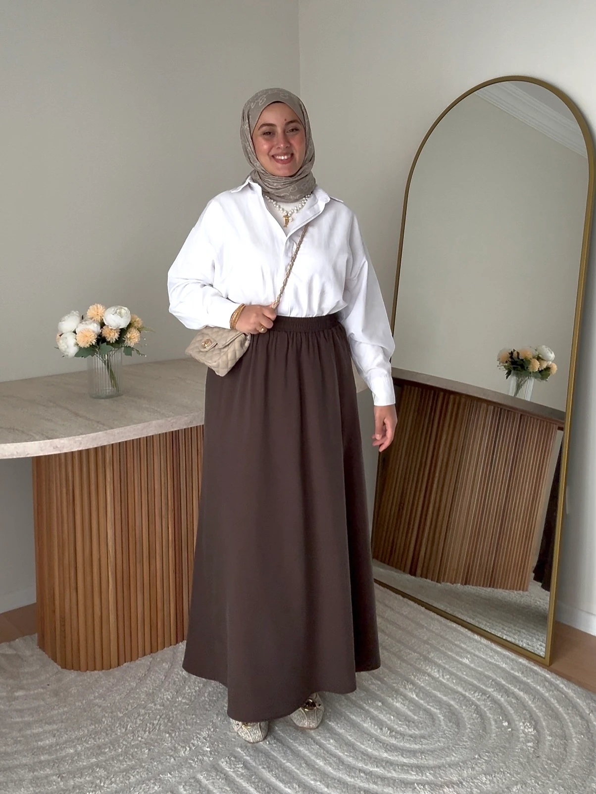 Tensel Kumaş Kloş Etek- Acı Kahve