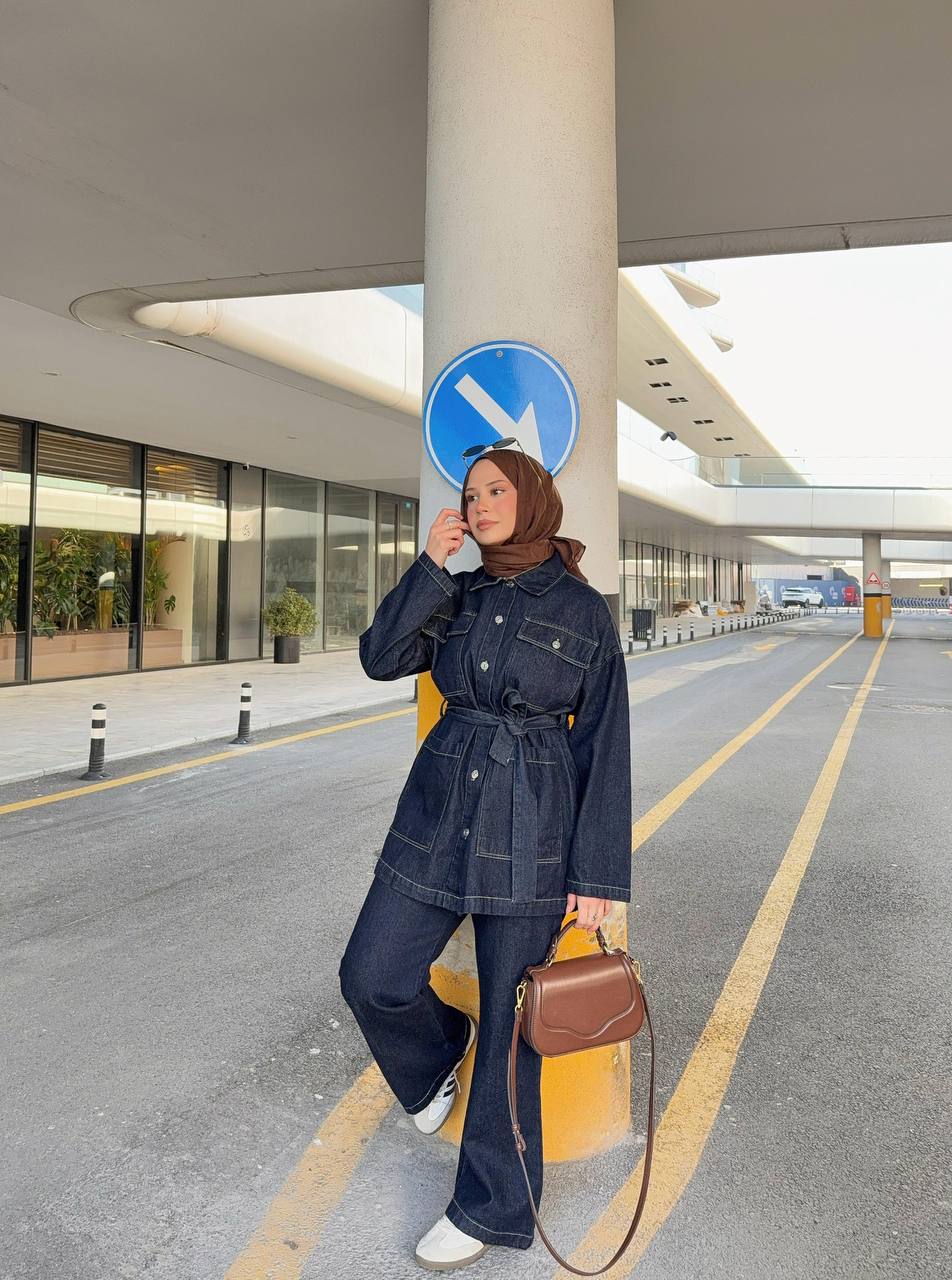 Bel Bağlamalı İkili Kot Takım 