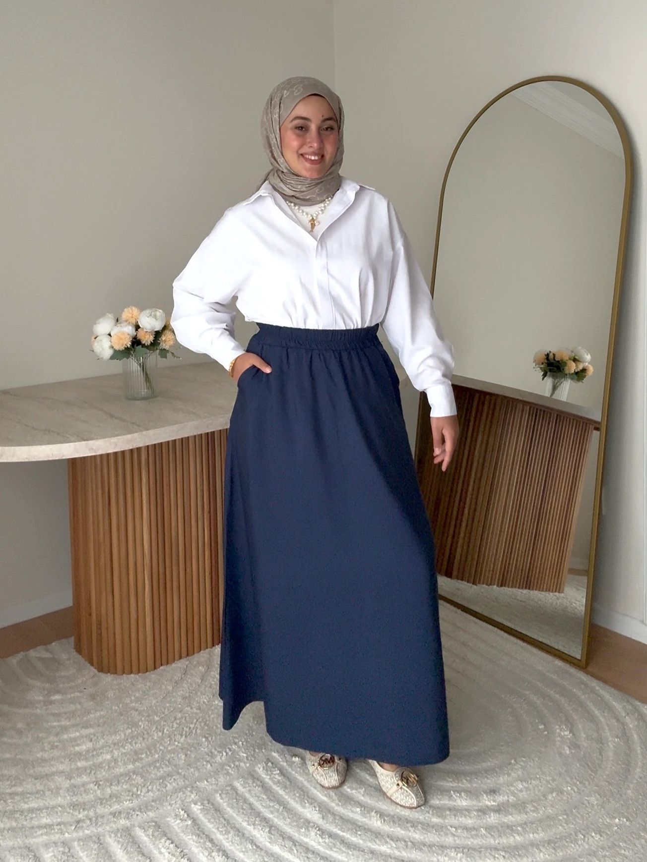 Tensel Kumaş Kloş Etek- Lacivert