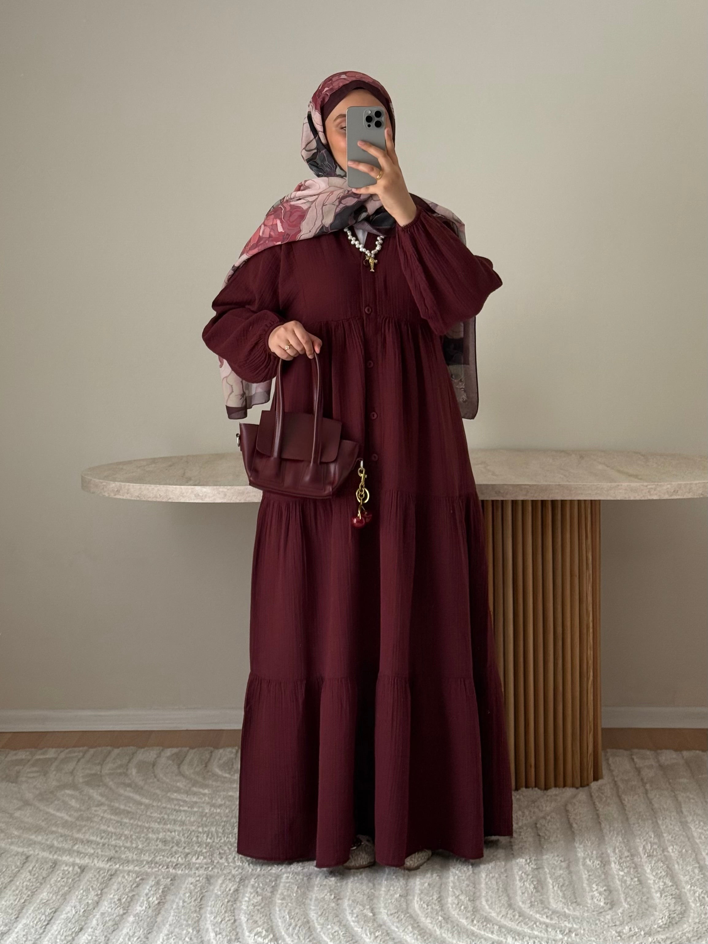 Müslin Elbise - Bordo