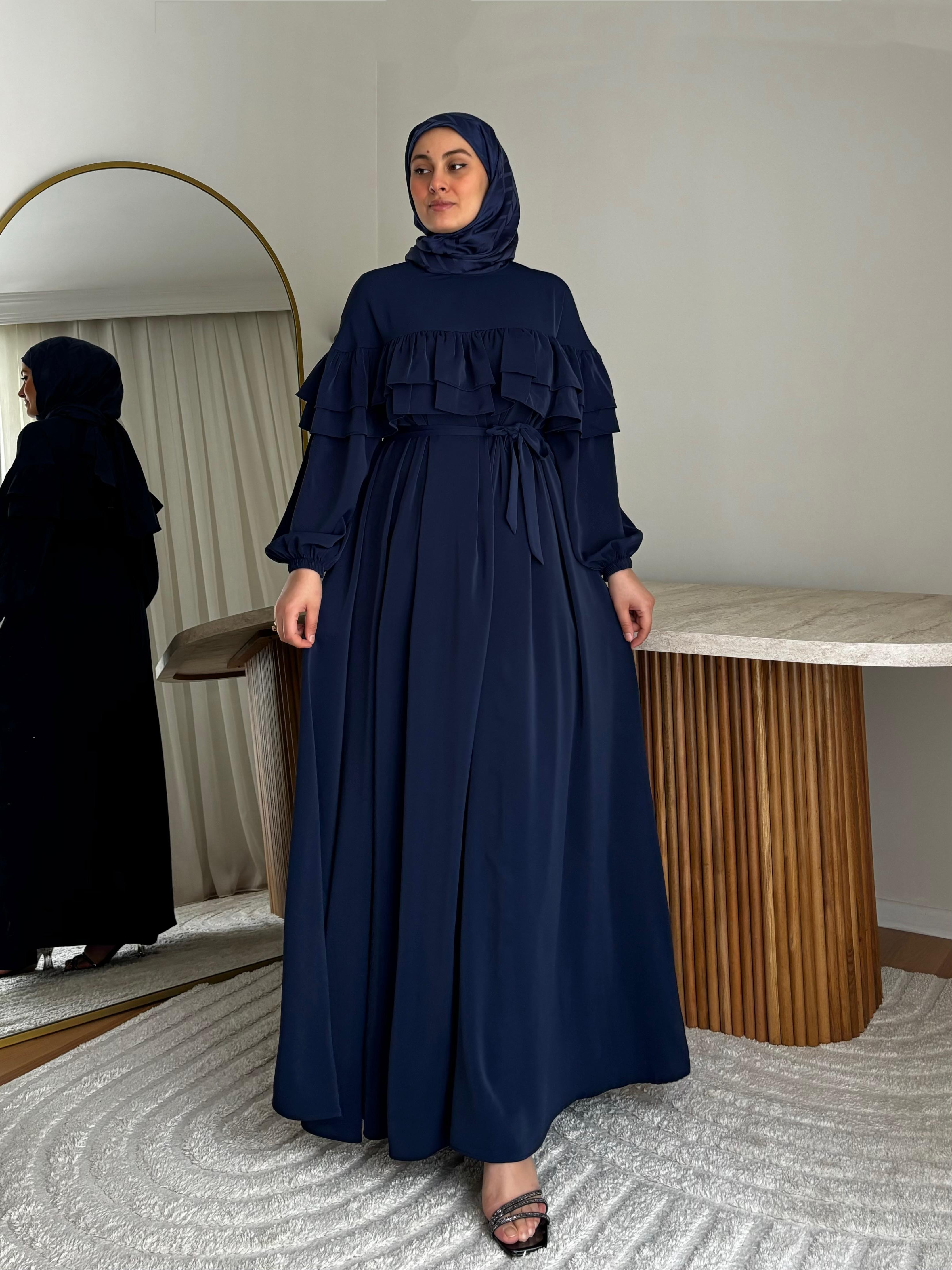 Leyla Dubai İpeği Fırfır Elbise Lacivert