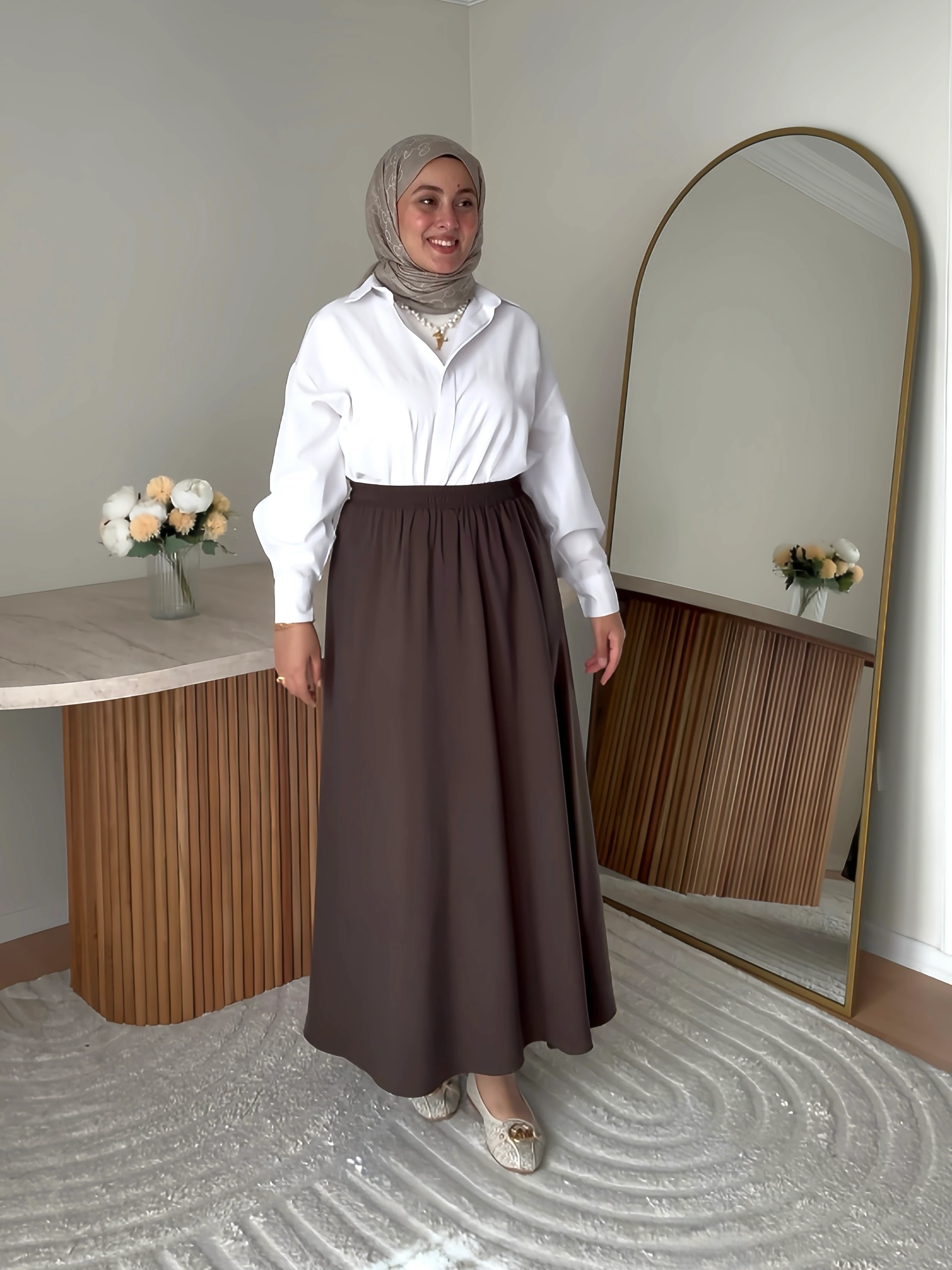 Tensel Kumaş Kloş Etek- Acı Kahve