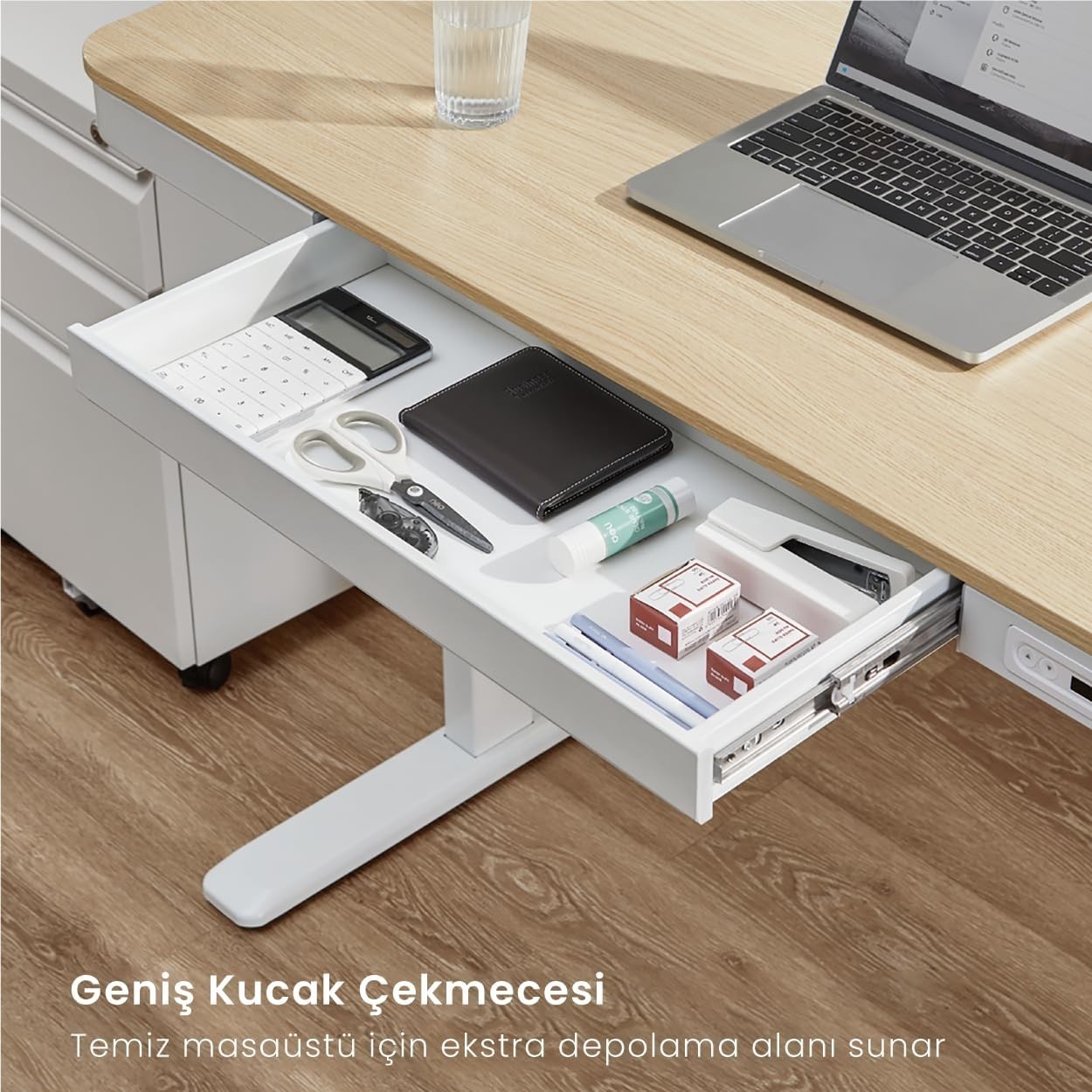 Voltix Elektrikli Yüksekliği Ayarlanabilir Çalışma Masası Kablosuz Şarj ve Kucak Çekmeceli