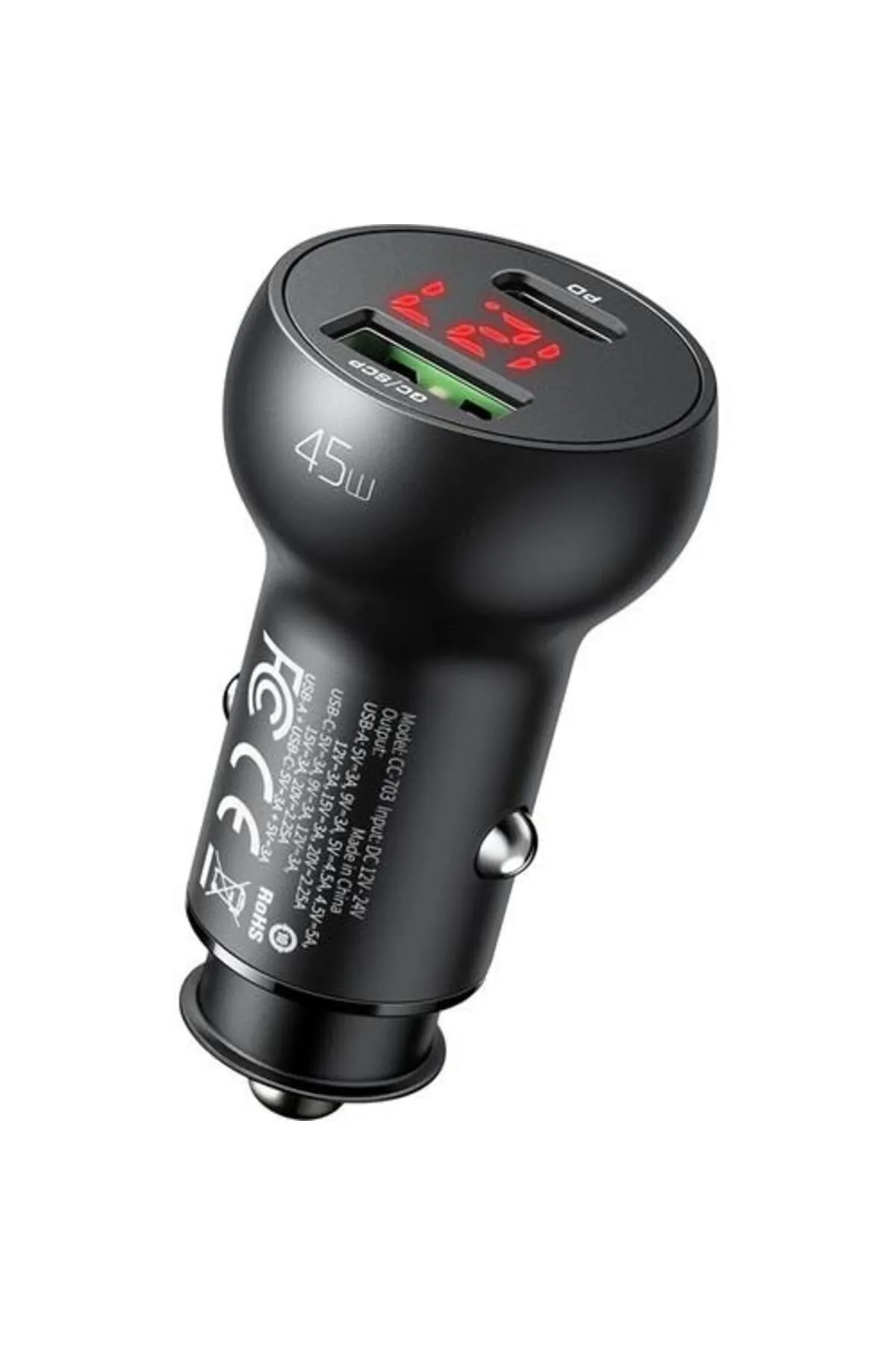 Mcdodo CC-7030 45W 1XType-c 1xUSB Girişli Dijital Göstergeli Araç Çakmak Şarjı- Siyah