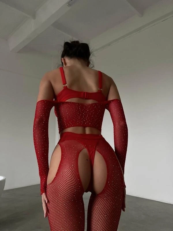 Red Sparkle Bodystocking – Kırmızı Tek Omuzlu Taşlı Vücut Çorabı