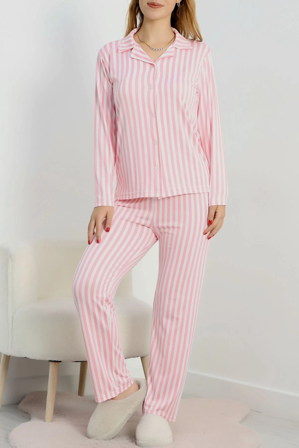 Pembe Beyaz Çizgili Uzun Kollu Kadın Pijama Takımı
