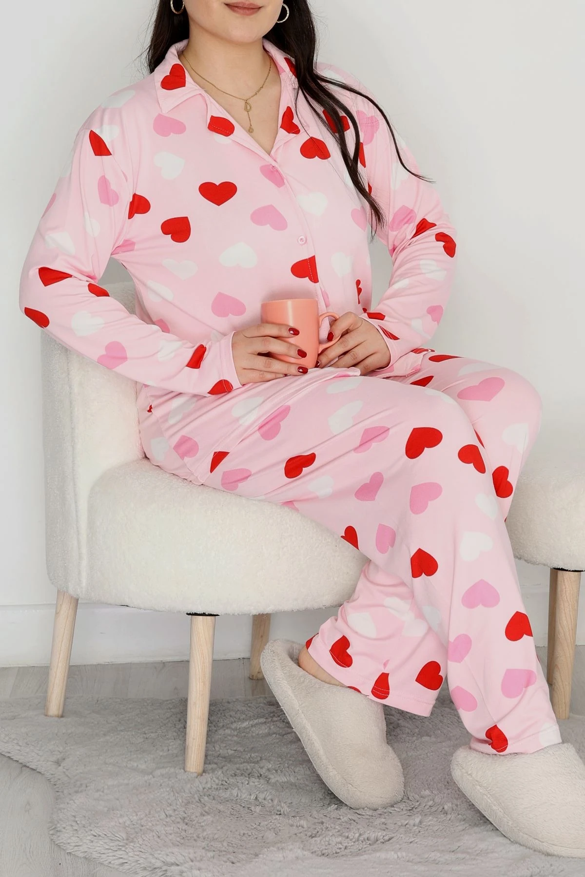 Aşk Desenli Pembe Kadın Pijama Takımı