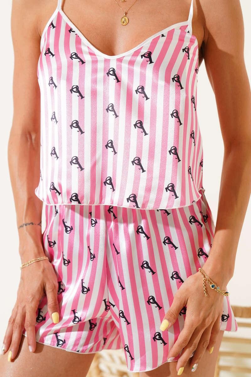 Candy Pop - Pembe Çizgili Şortlu Saten Pijama Takımı