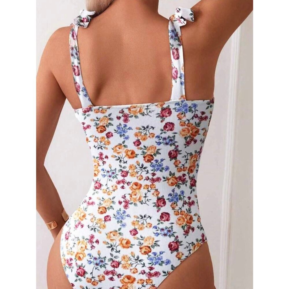 Floral Whisper – Çiçek Desenli Omuz Bağlı Tek Parça Mayo