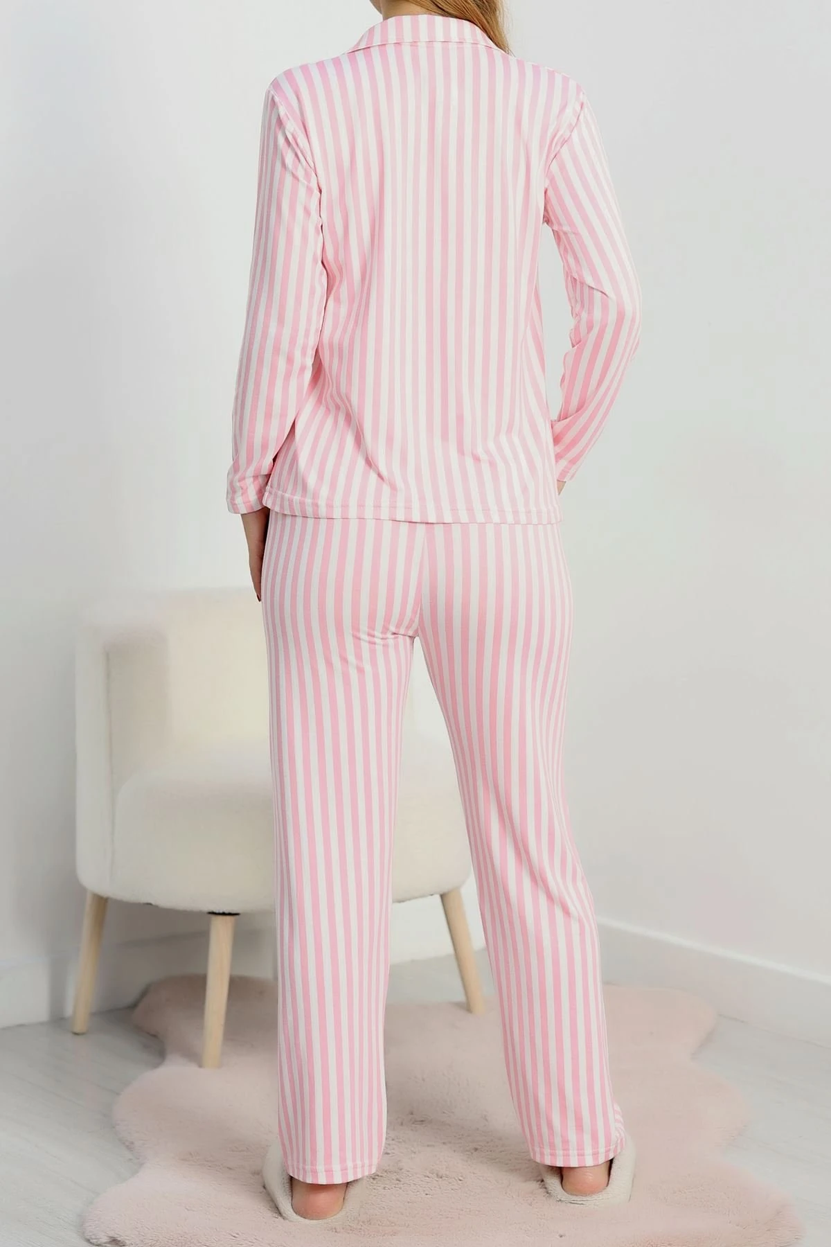 Pembe Beyaz Çizgili Uzun Kollu Kadın Pijama Takımı
