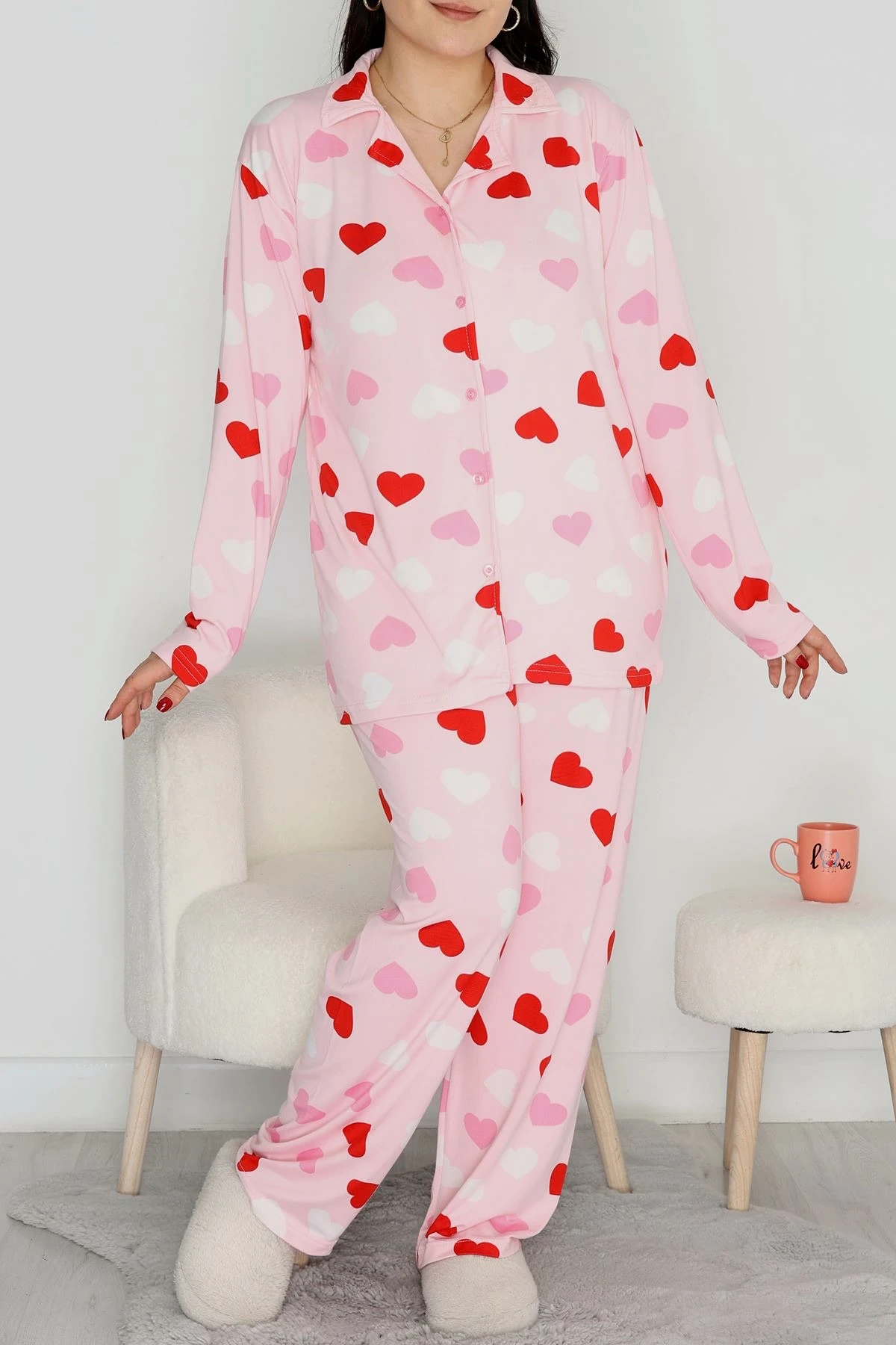 Aşk Desenli Pembe Kadın Pijama Takımı