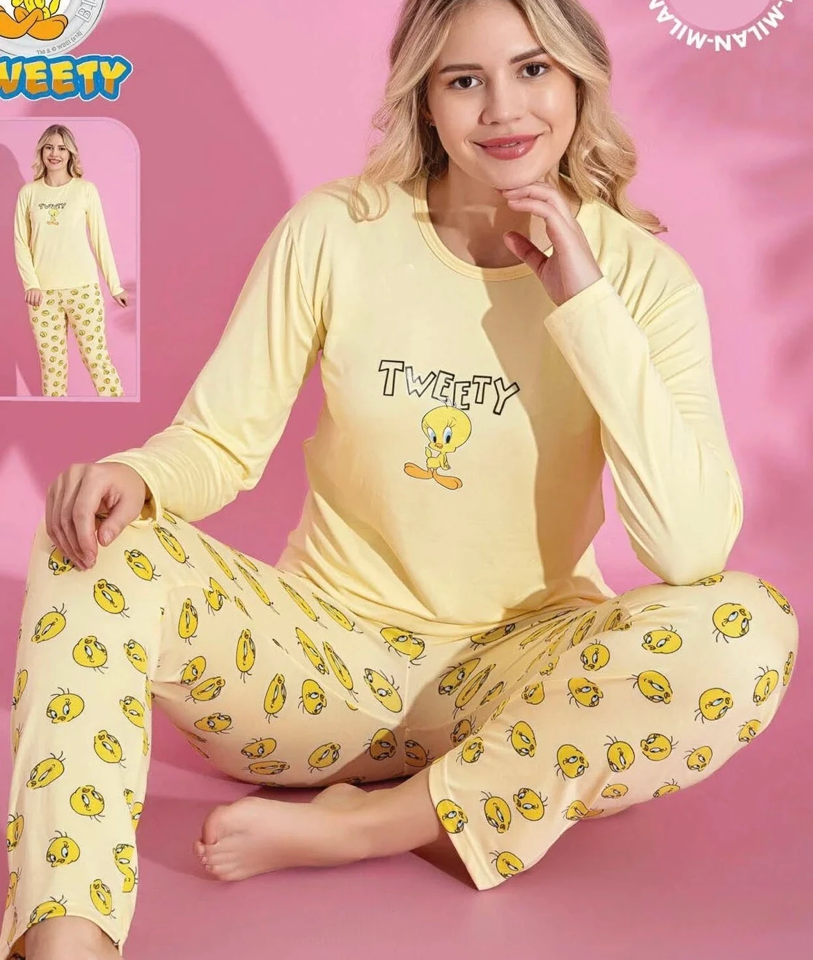 Tweety Baskılı Sarı Kadın Pijama Takımı 