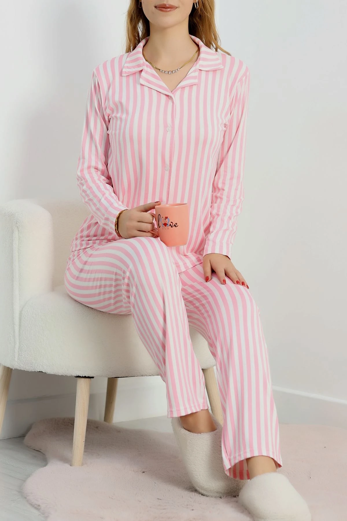 Pembe Beyaz Çizgili Uzun Kollu Kadın Pijama Takımı