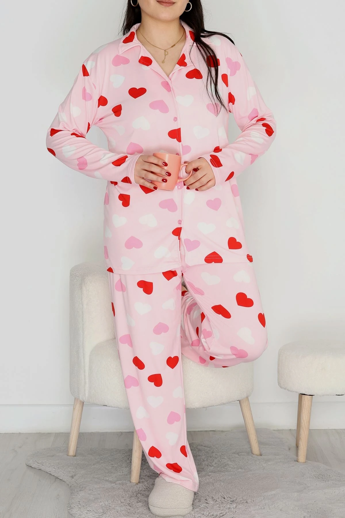 Aşk Desenli Pembe Kadın Pijama Takımı