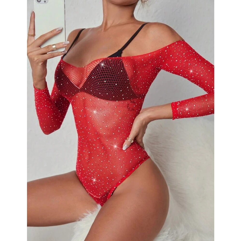 FIORRA – Kırmızı Taş Detaylı Transparan Uzun Kollu Bodysuit