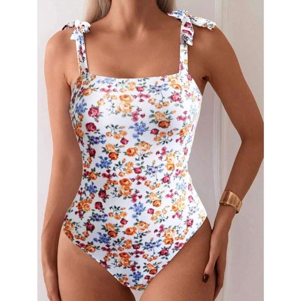 Floral Whisper – Çiçek Desenli Omuz Bağlı Tek Parça Mayo
