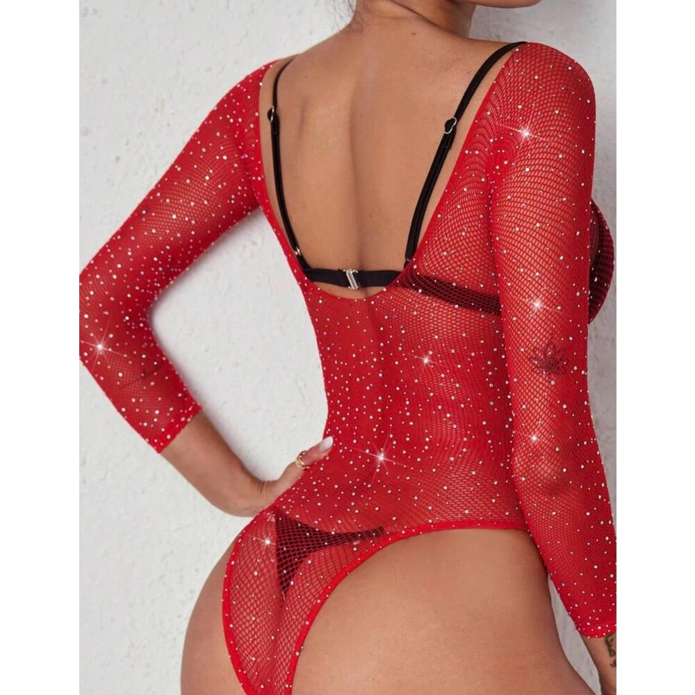 FIORRA – Kırmızı Taş Detaylı Transparan Uzun Kollu Bodysuit