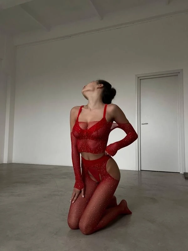 Red Sparkle Bodystocking – Kırmızı Tek Omuzlu Taşlı Vücut Çorabı