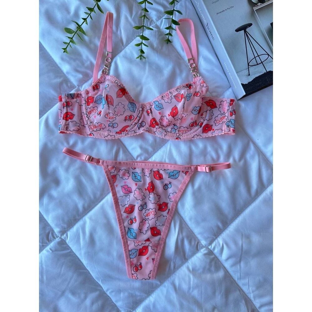 Dudak  Desenli Pembe BraSet