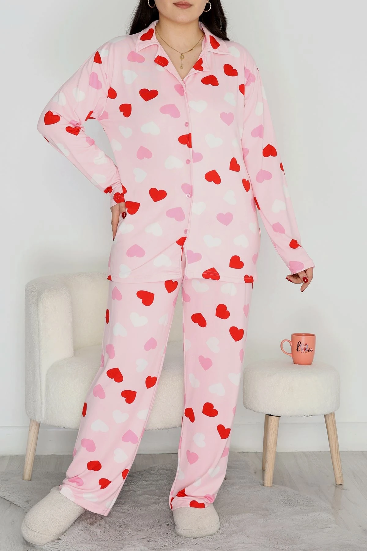 Aşk Desenli Pembe Kadın Pijama Takımı