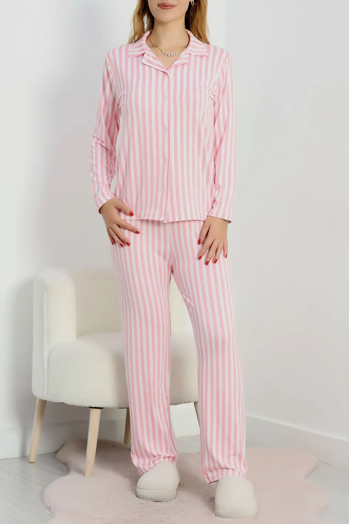 Pembe Beyaz Çizgili Uzun Kollu Kadın Pijama Takımı