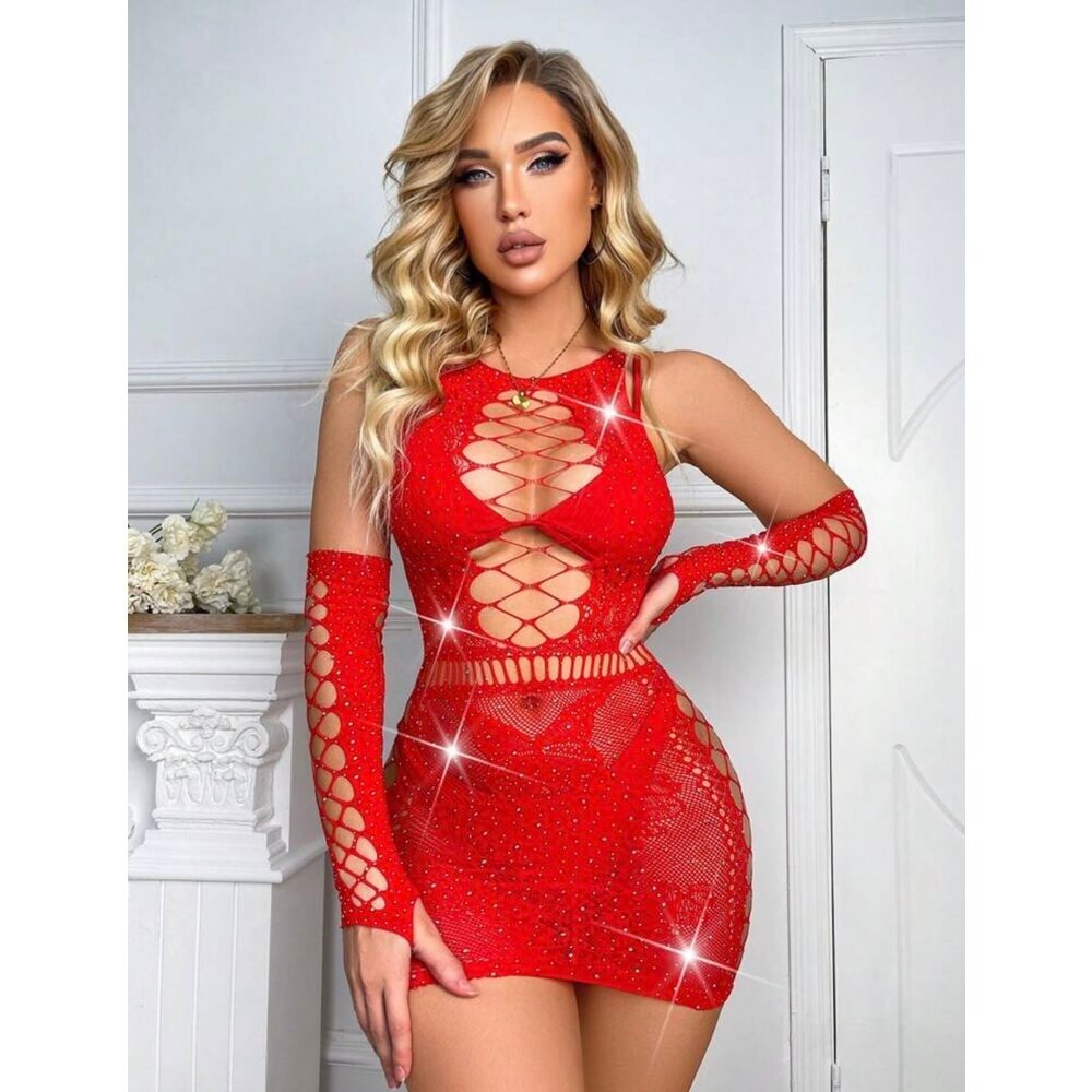 Scarlet Spark – Taş Detaylı Kırmızı Vücut Çorabı
