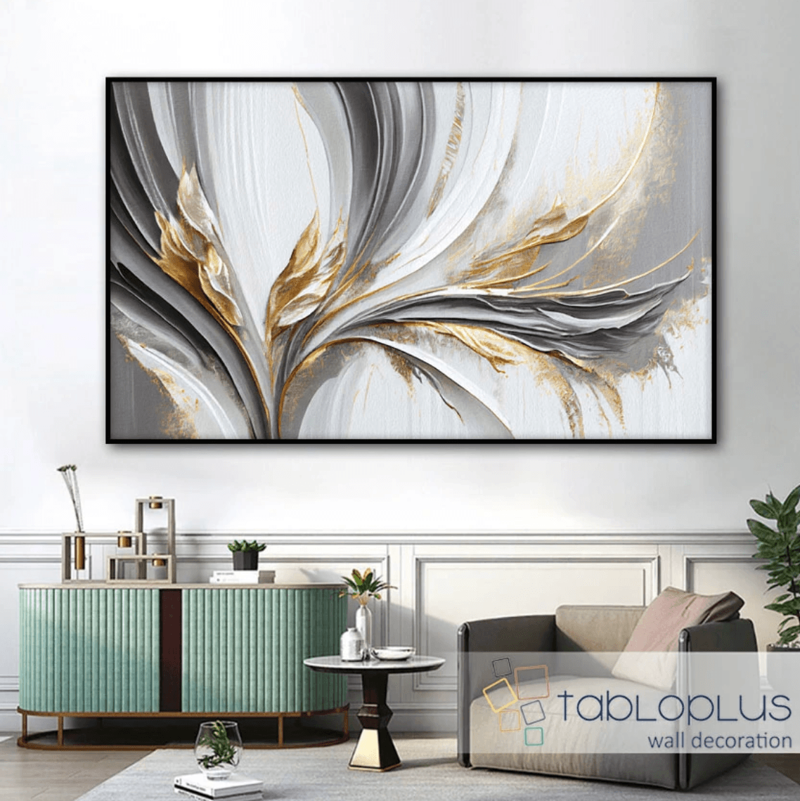 Abstract Gold Leaves 3d Yoğun Yağlı Boya Dokulu Tablo