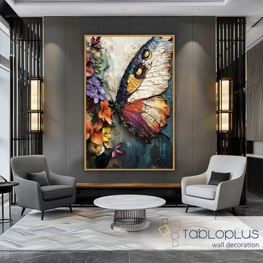 Kelebek ve Çiçekler 3d Yoğun Yağlı Boya Dokulu Tablo