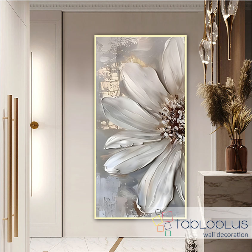 Gold varaklı Beyaz Çiçek 3d Yoğun Yağlı Boya Dokulu Tablo