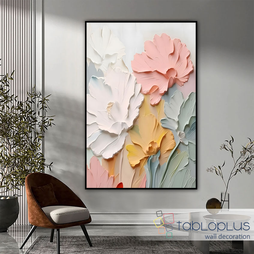 Pastel Çiçekler 3d Yoğun Yağlı Boya Dokulu Tablo