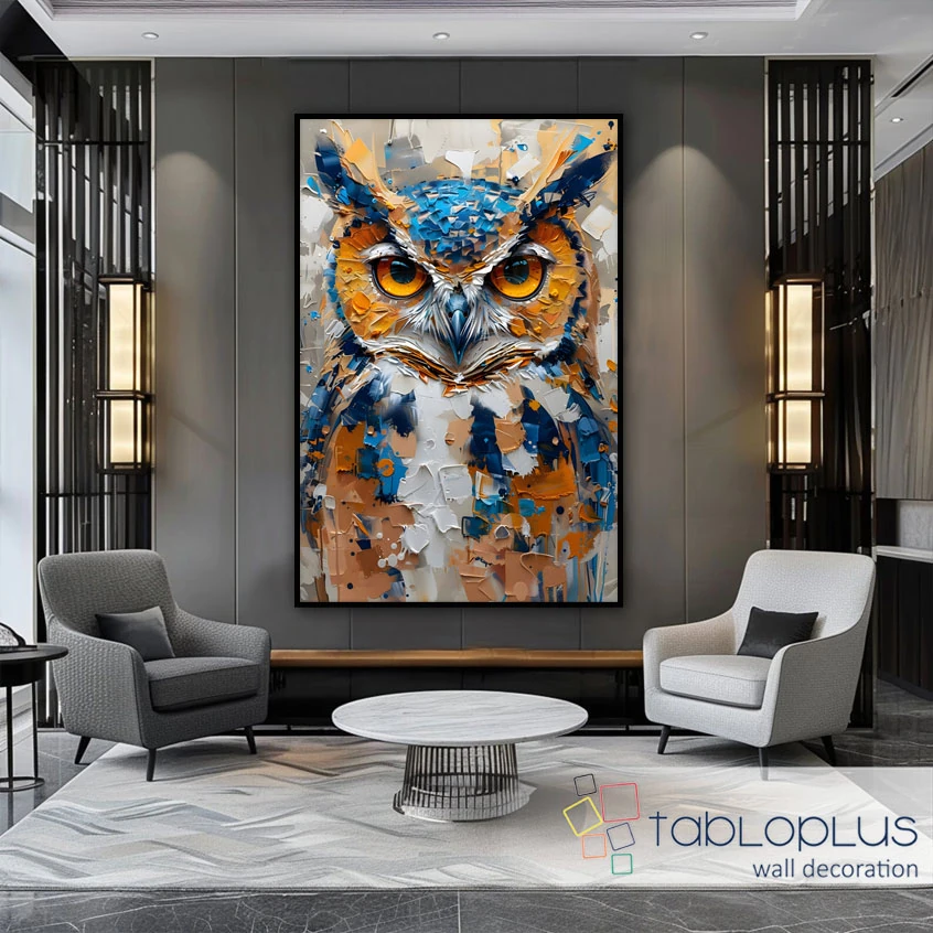 Renkli Baykuş 3d Yoğun Yağlı Boya Dokulu Tablo