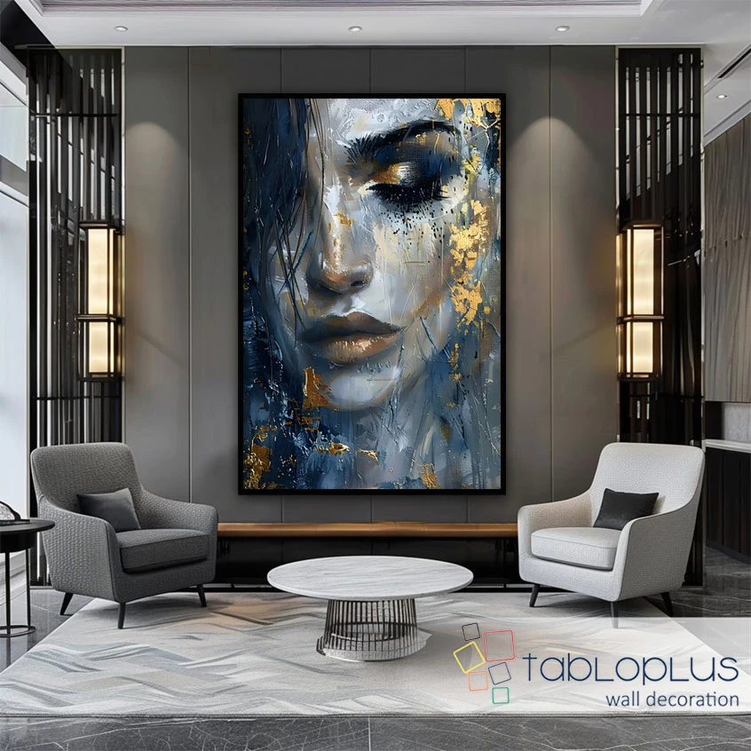 Mavi Altın Saçlı Kadın 3d Yoğun Yağlı Boya Dokulu Tablo