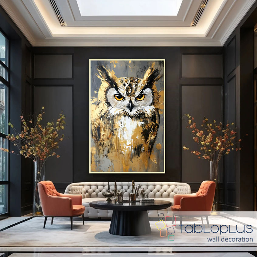 Altın Baykuş 3d Yoğun Yağlı Boya Dokulu Tablo