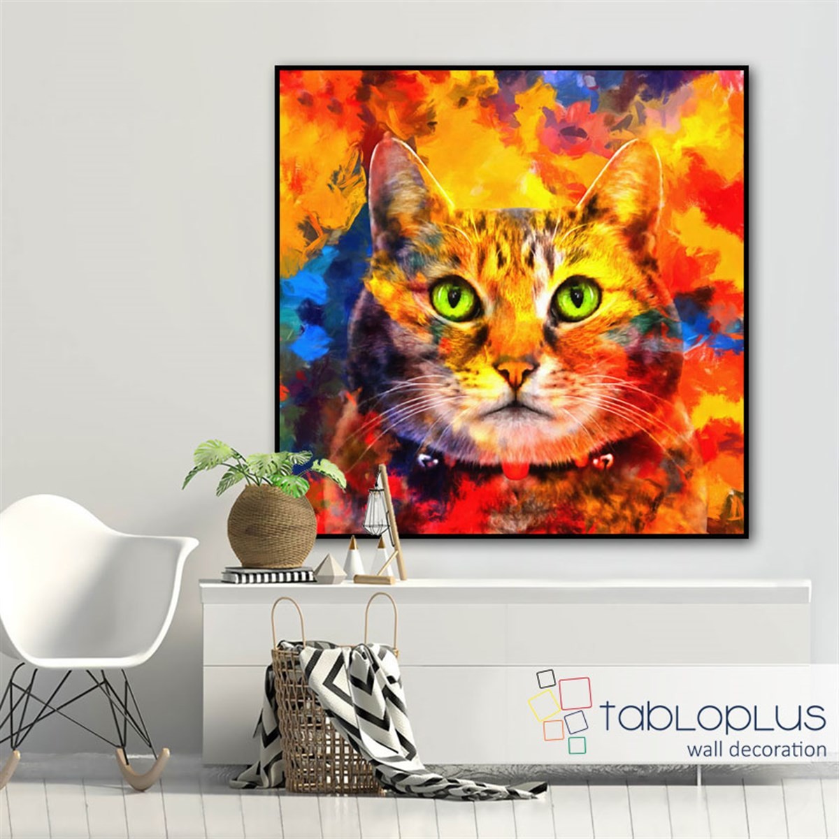 Renkli Şaşkın Kedi Soyut Kanvas Tablo