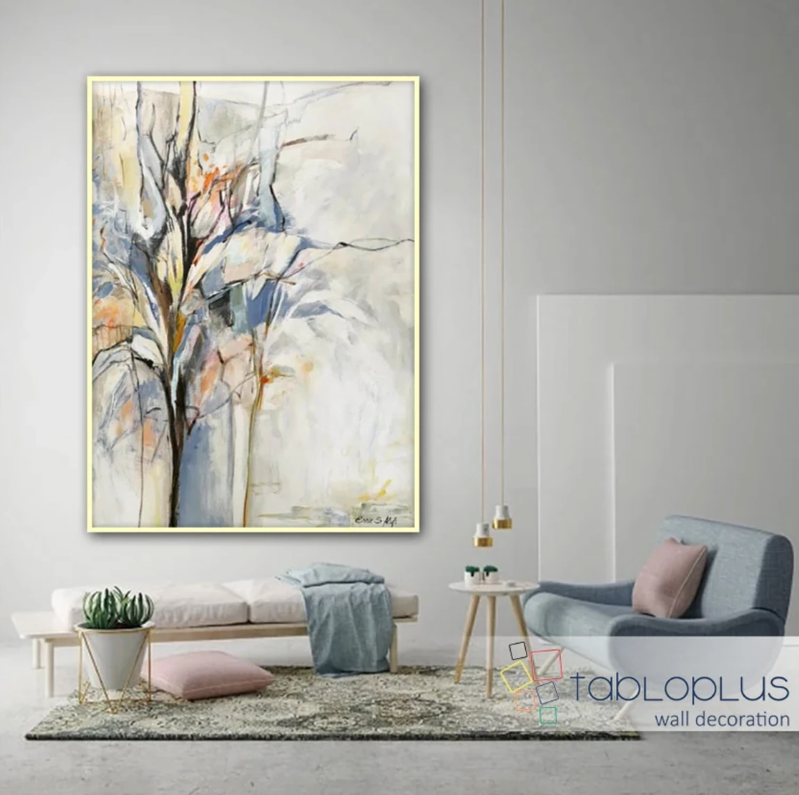 Soyut Sonbahar'da Ağaç Dalları Yağlı Boya Dokulu Tablo